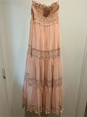 INA Pink Lace Trim Smocked Maxi Dress Crochet Style Boho Tiered Cotton Size S